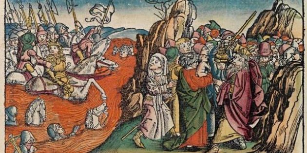 Crossing the Red Sea, Hartmann Schedel, Nuremberg Chronicle, 1493.