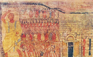 Dura Europos synagogue wall painting showing the Hebrews leaving Egypt