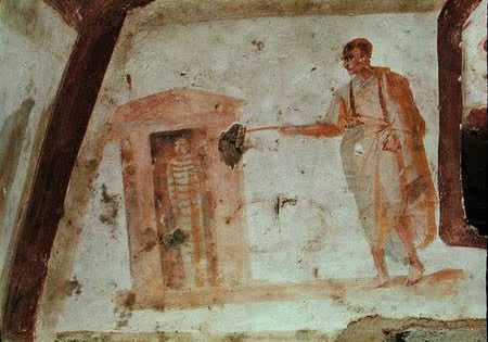 Earliest known depiction of Lazarus, Callistus Catacombs, Rome, 3rd Century CE